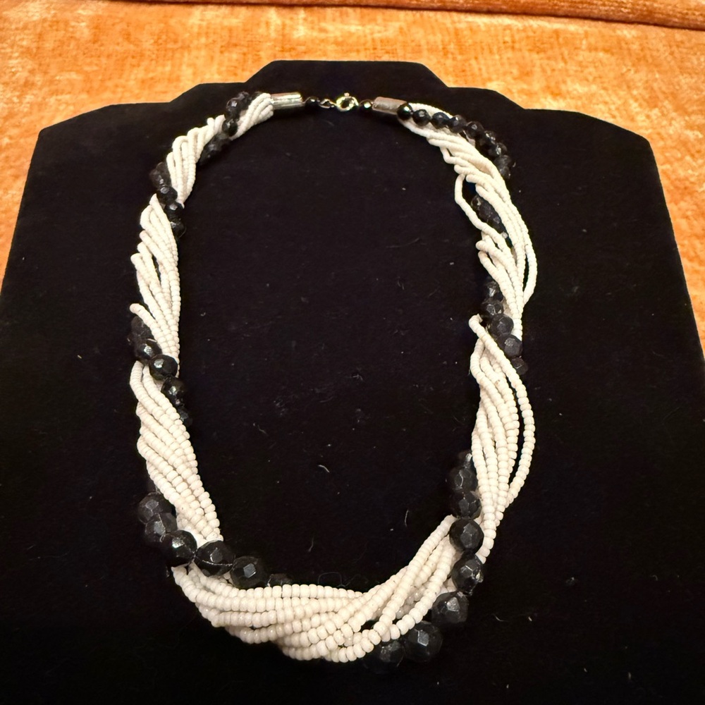 Sophisticated Black Acrylic and White Seed Bead Necklace